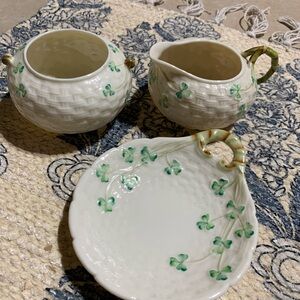Vintage Beleek Cream and Sugar Set with Green Clover Design